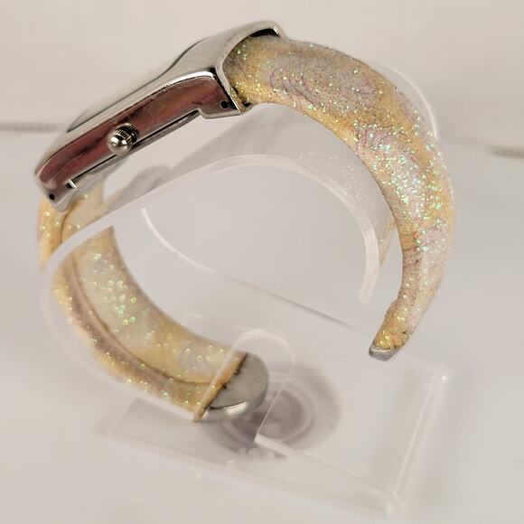 Geneva Silver Yellow Quartz Watch with Glittery Sparkle Cuff Bracelet Design - Picture 12 of 14